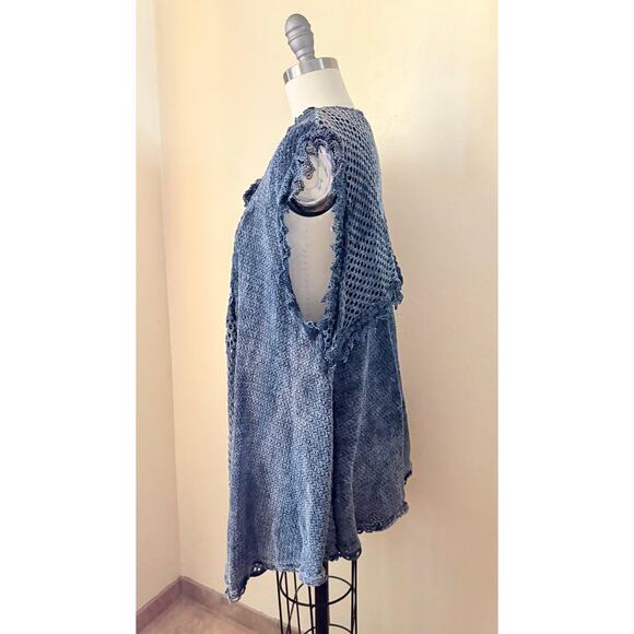 80s VTG Chorisia Italy Crochet Knit Boho Tunic Vest Blue/Gray Floral Lace M/L - Picture 2 of 6